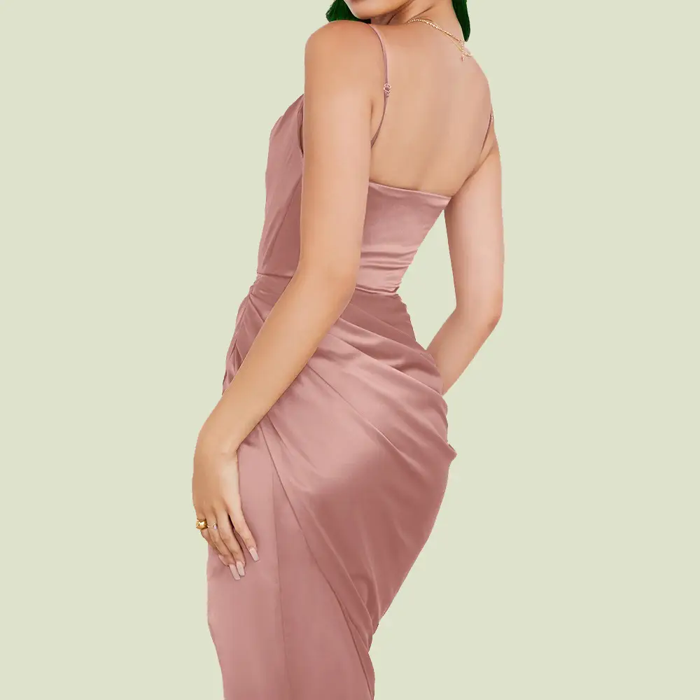 Green Satin Split Skirt Dress with High Slit — feature 28
