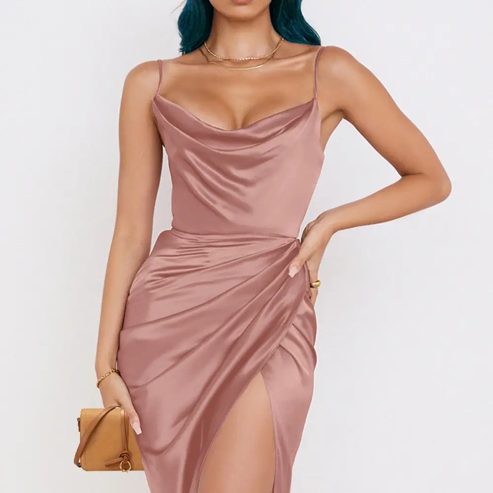Green Satin Split Skirt Dress with High Slit — feature 29