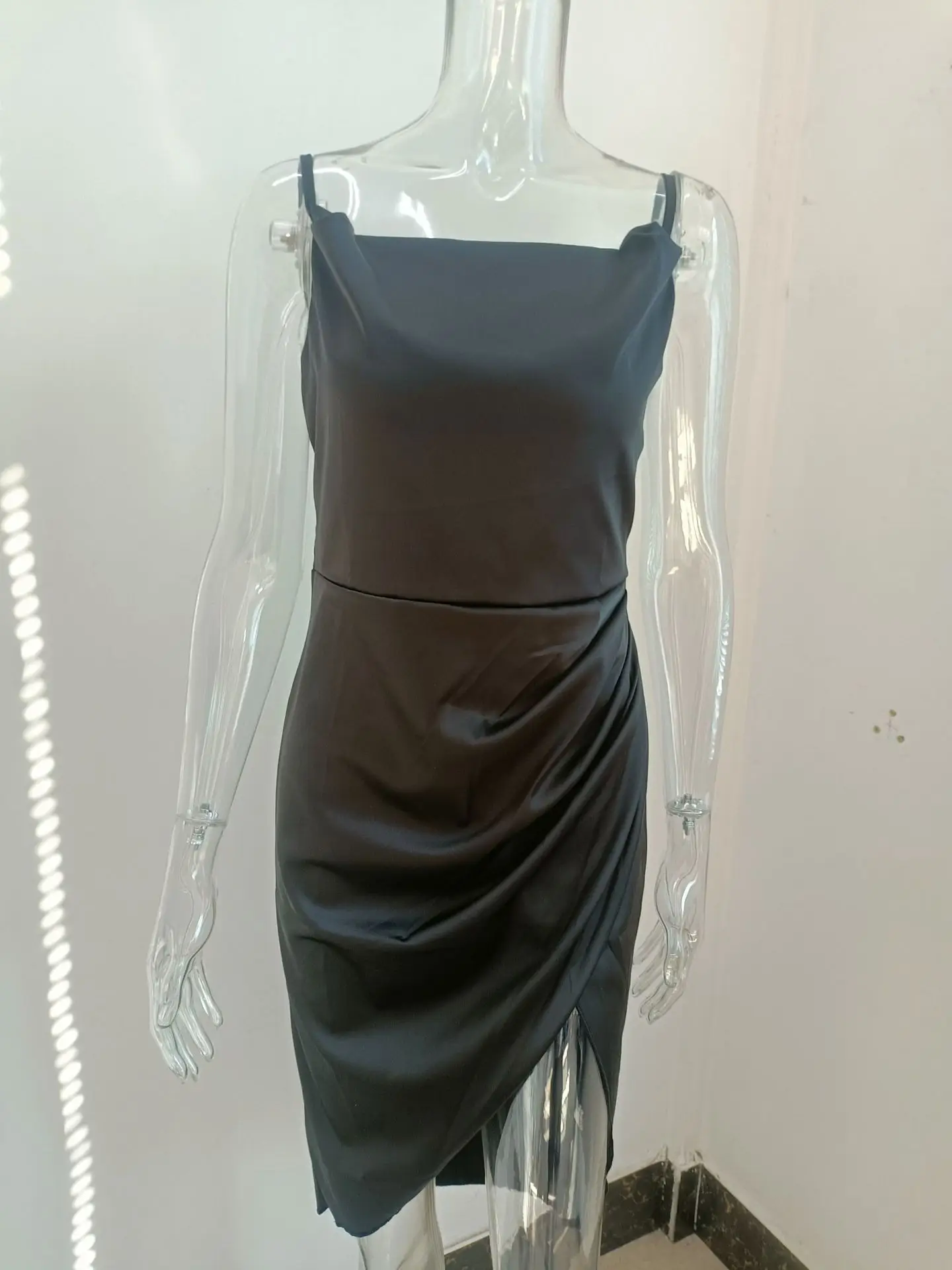 Green Satin Split Skirt Dress with High Slit — feature 32