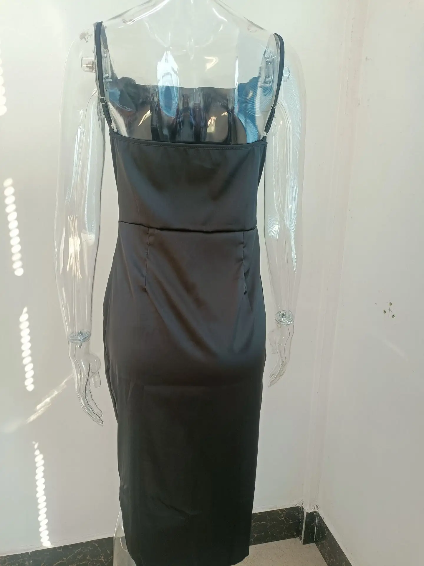 Green Satin Split Skirt Dress with High Slit — feature 33