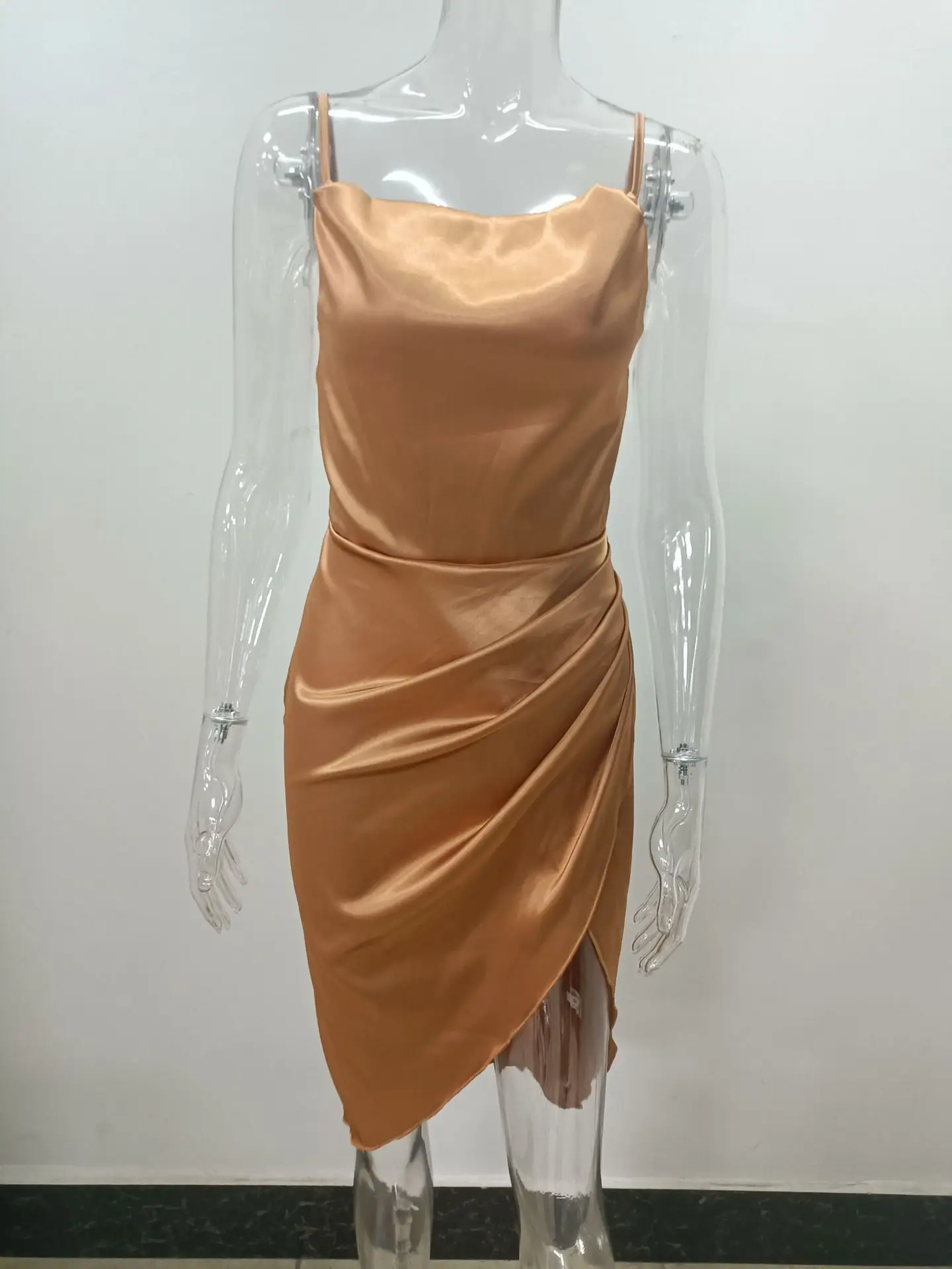 Green Satin Split Skirt Dress with High Slit — feature 35