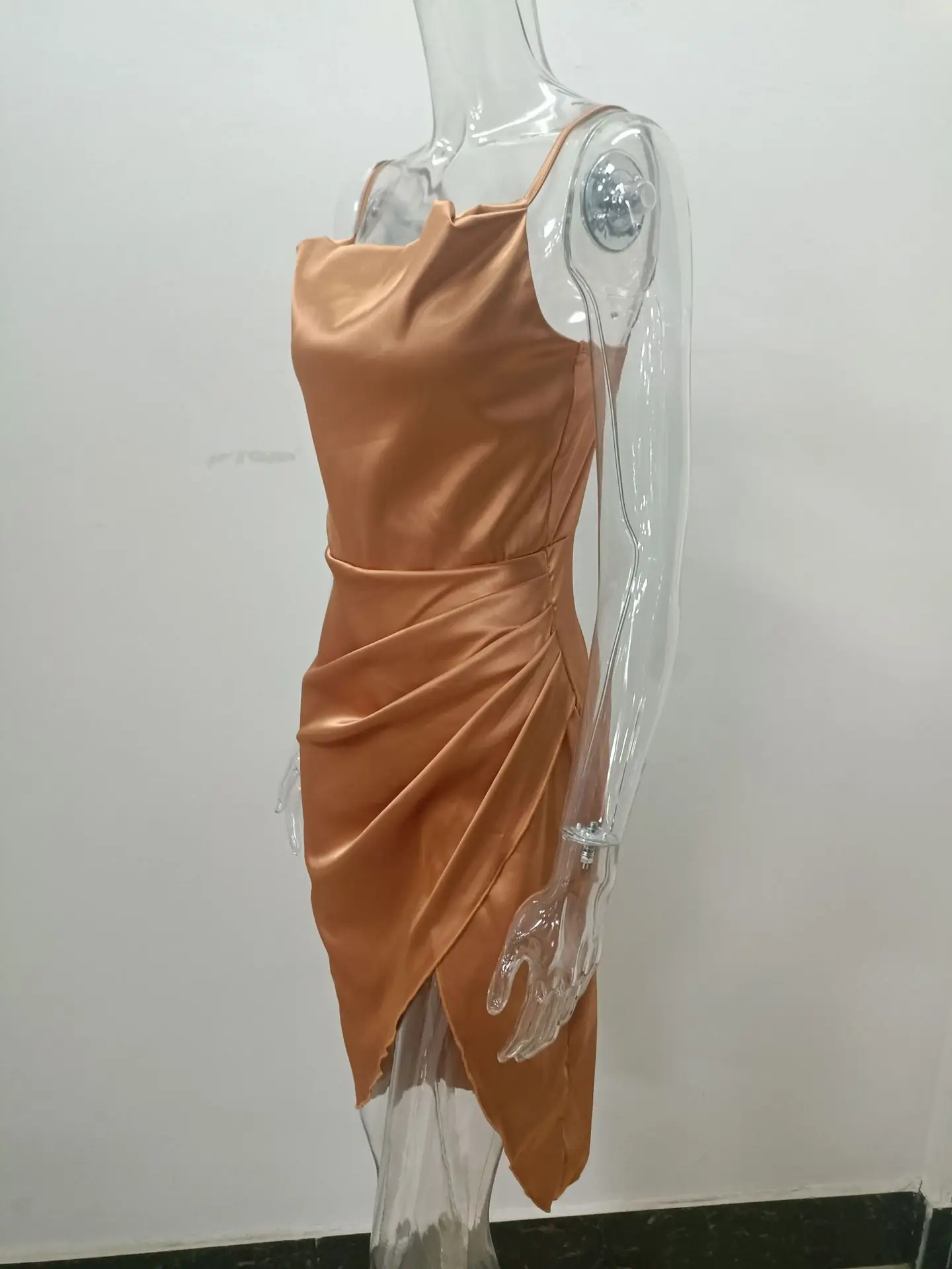 Green Satin Split Skirt Dress with High Slit — feature 36