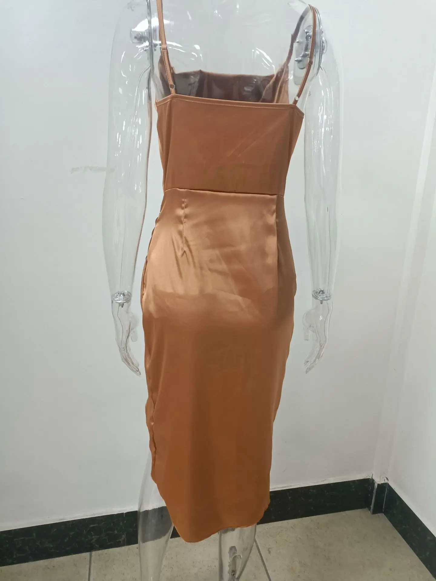 Green Satin Split Skirt Dress with High Slit — feature 37