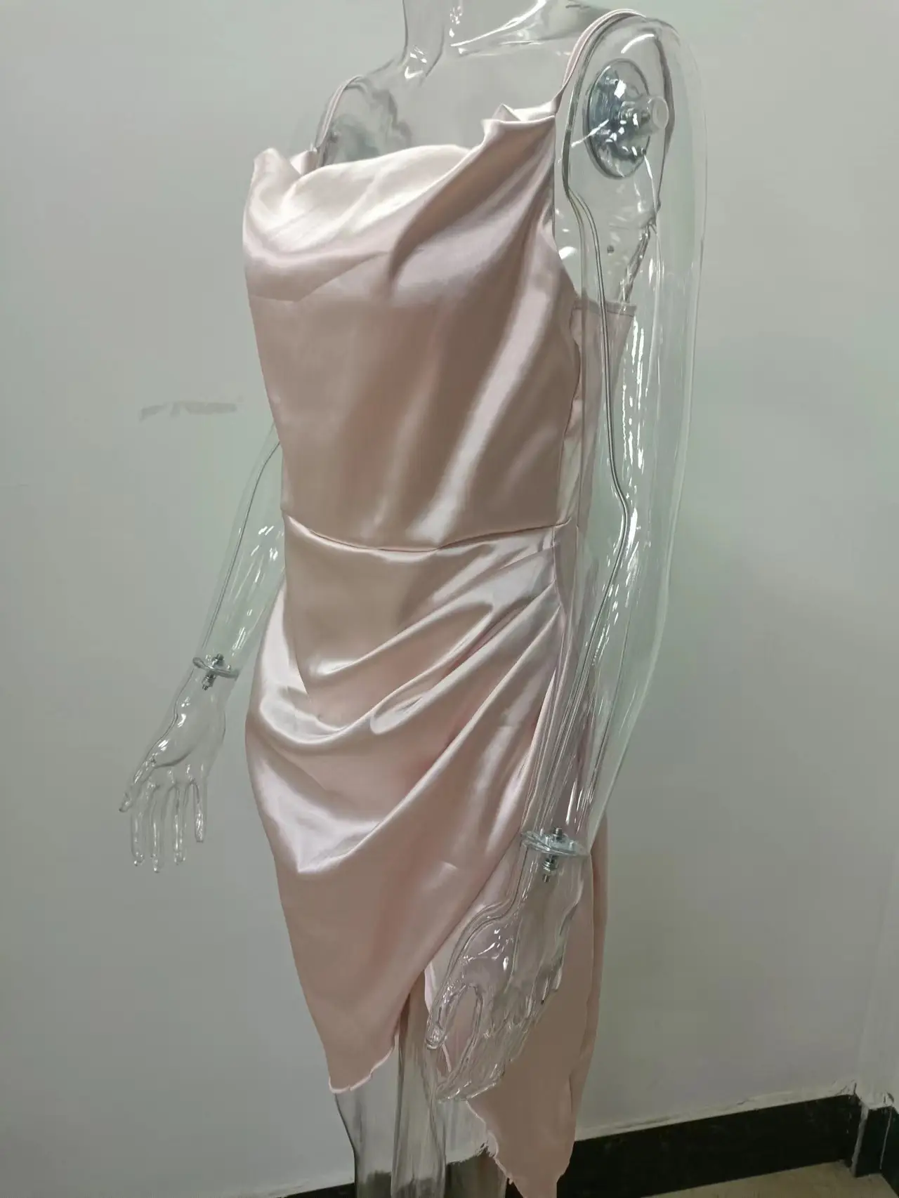 Green Satin Split Skirt Dress with High Slit — feature 43
