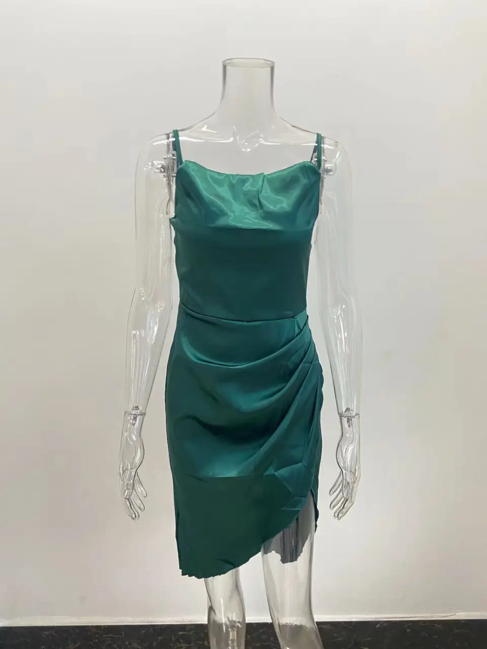 Green Satin Split Skirt Dress with High Slit — feature 45