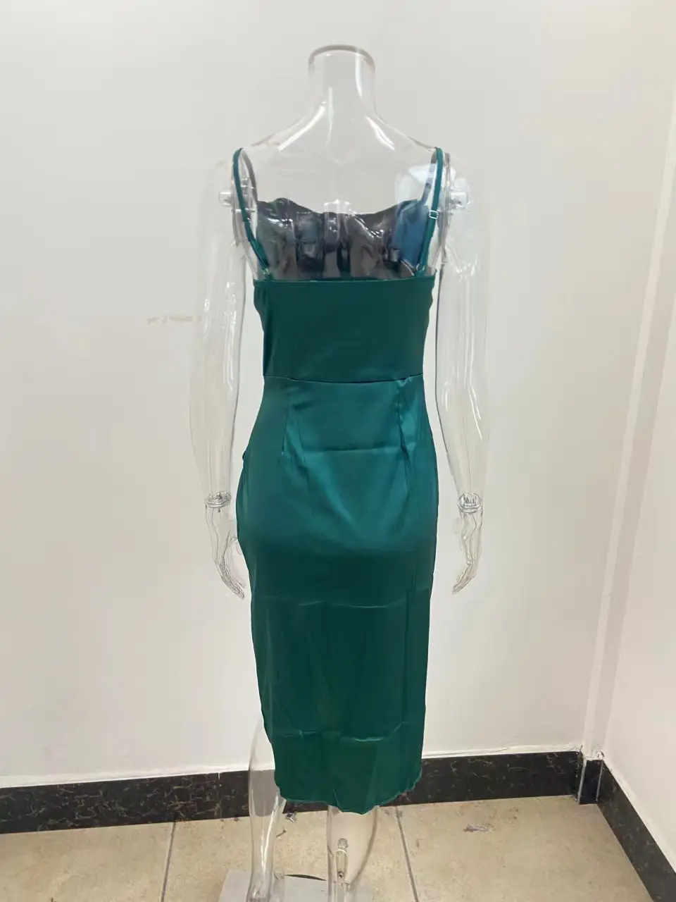 Green Satin Split Skirt Dress with High Slit — feature 46