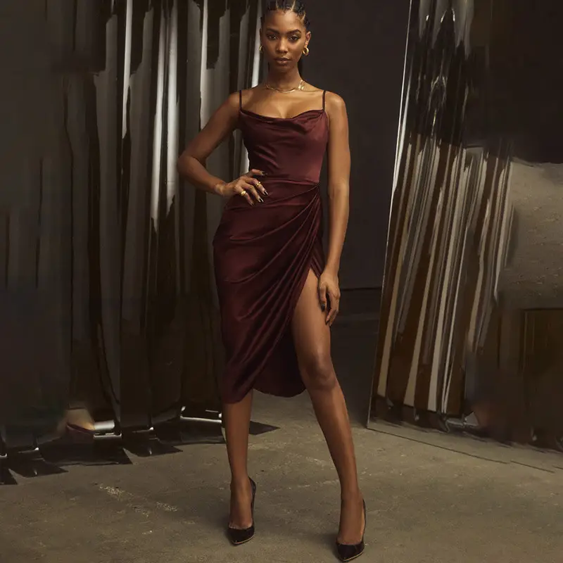 Green Satin Split Skirt Dress with High Slit — feature 5