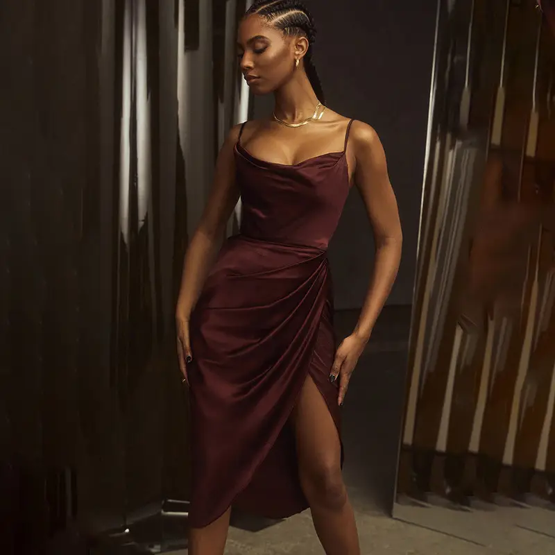 Green Satin Split Skirt Dress with High Slit — feature 8
