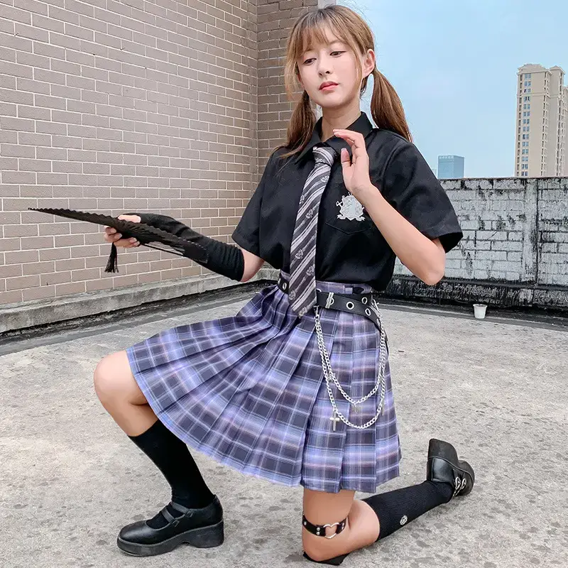 Japanese Style Plaid Skirt Set High Waist College Wear - Image 21