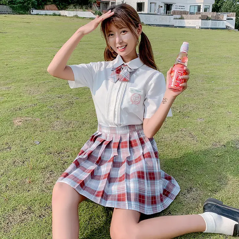 Japanese Style Plaid Skirt Set High Waist College Wear - Image 3