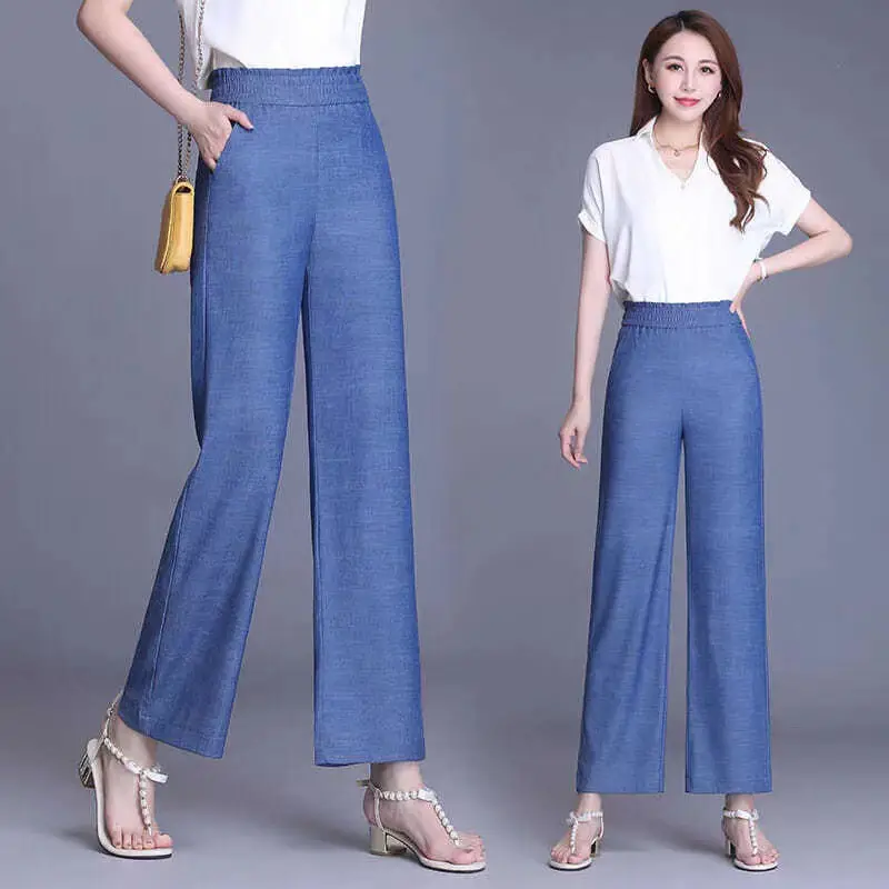 Women Tencel Denim Wide Leg Pants Blue High Waist Spring Summer