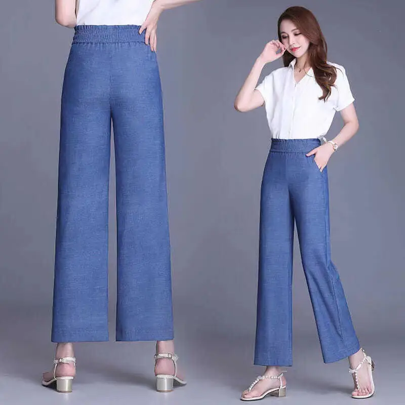 Women Tencel Denim Wide Leg Pants Blue High Waist Spring Summer