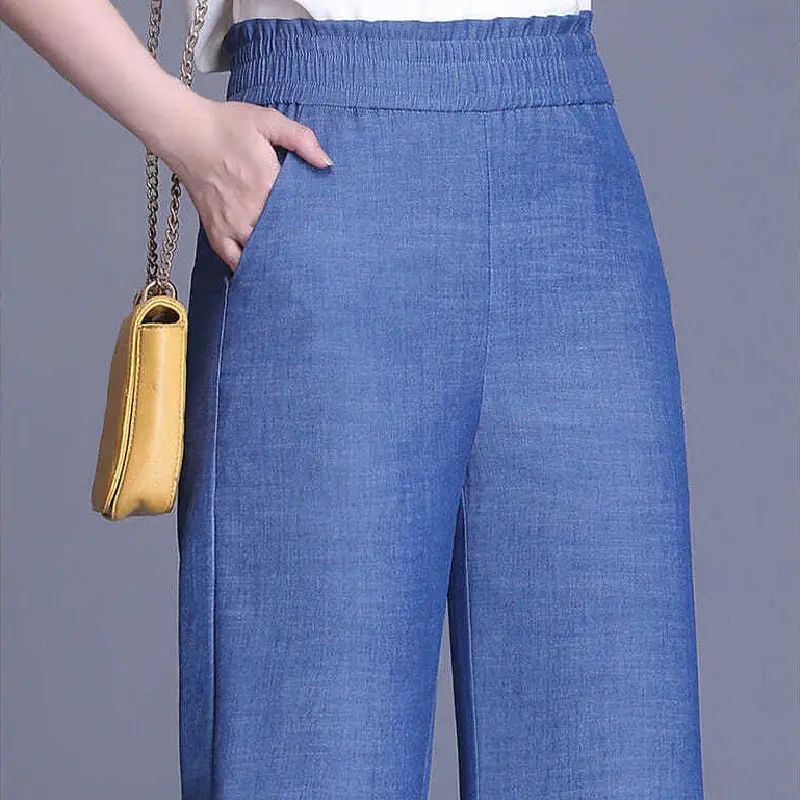 Women Tencel Denim Wide Leg Pants Blue High Waist Spring Summer