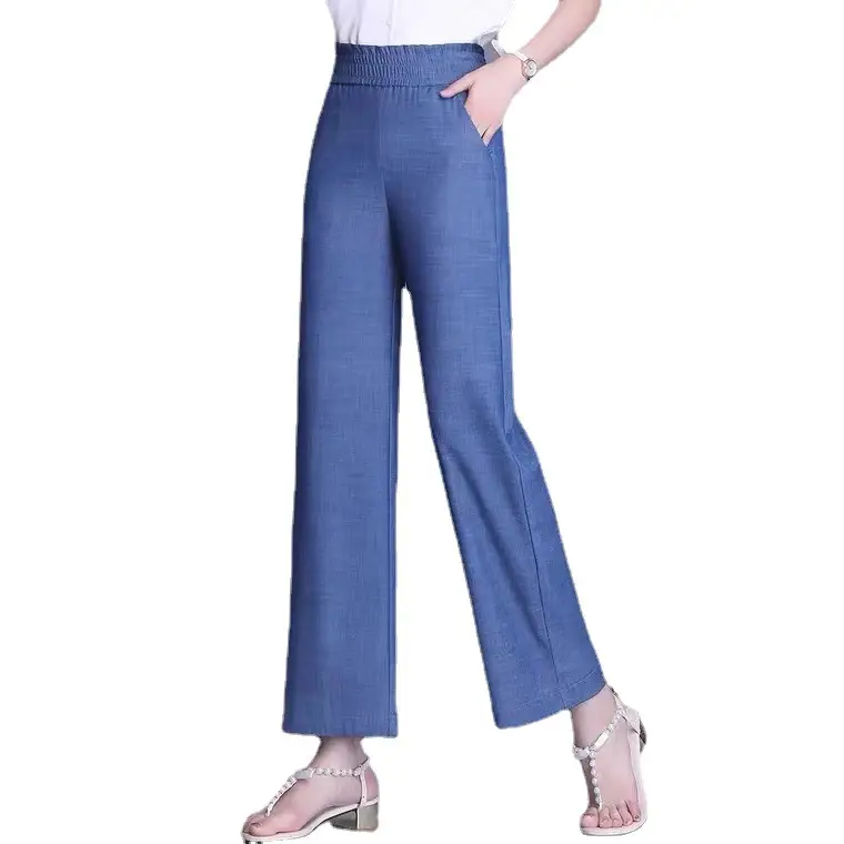 Women Tencel Denim Wide Leg Pants Blue High Waist Spring Summer