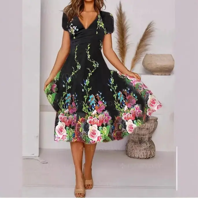 Black Floral V-Neck Dress for Women