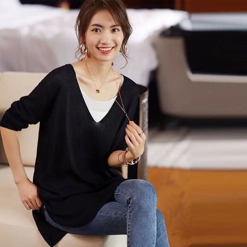 Black V-Neck Loose Fit T-Shirt for Women — feature 10