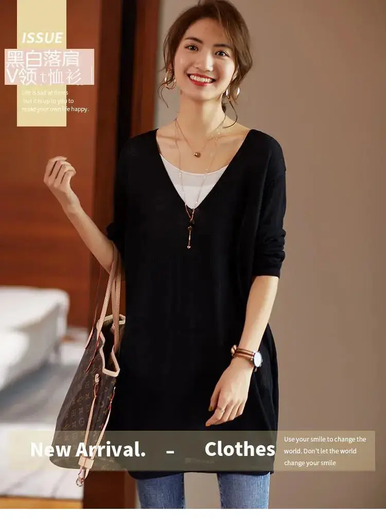 Black V-Neck Loose Fit T-Shirt for Women — feature 3
