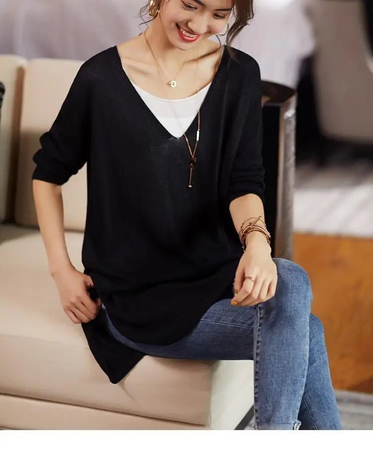 Black V-Neck Loose Fit T-Shirt for Women — feature 7