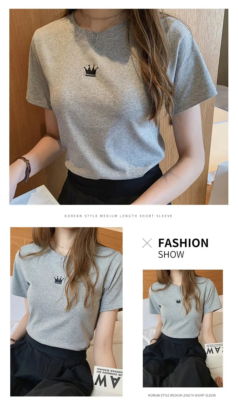 Women White Slim T-Shirt with Embroidered Crown Design — feature 9