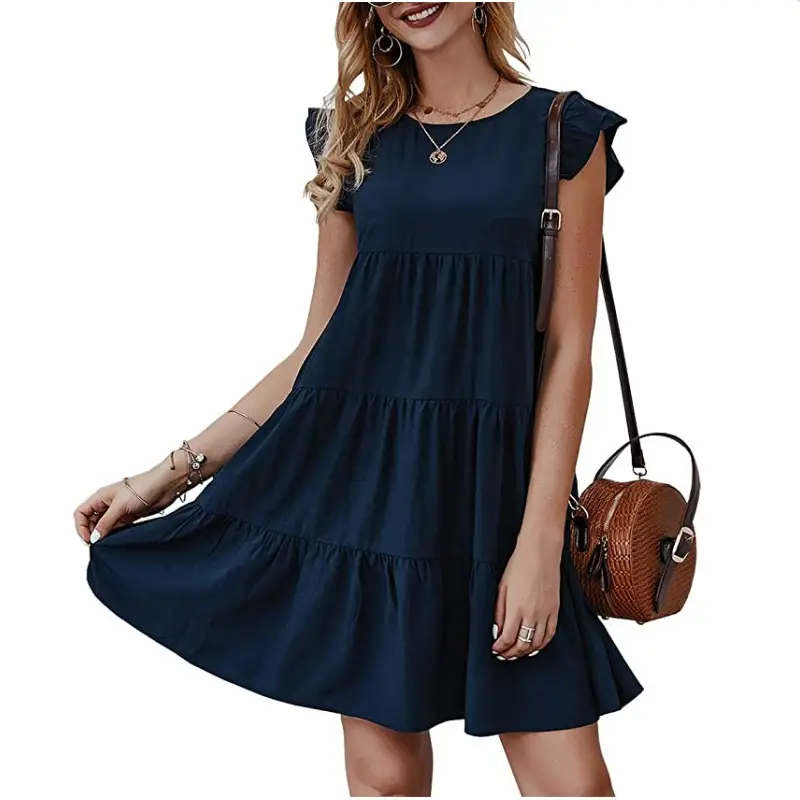 2023 Summer Women Navy Blue Pleated Dress - Image 4