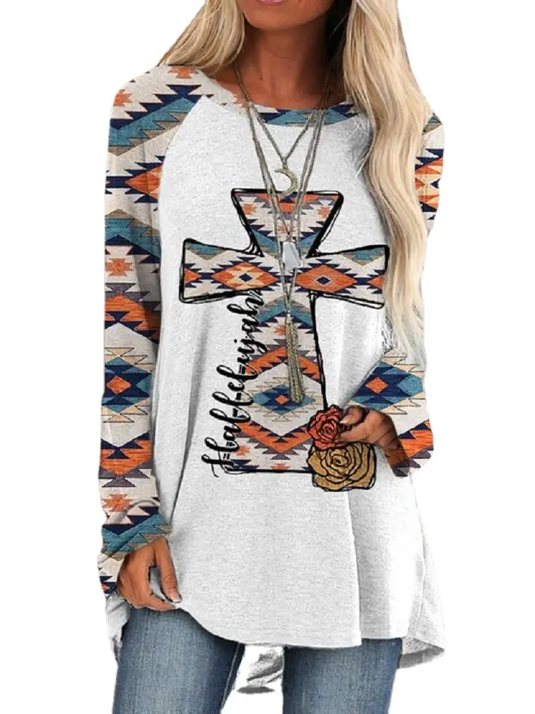 2022 foreign trade cross-border women's fashion loose round neck digital printing Western style long sleeve top 6939