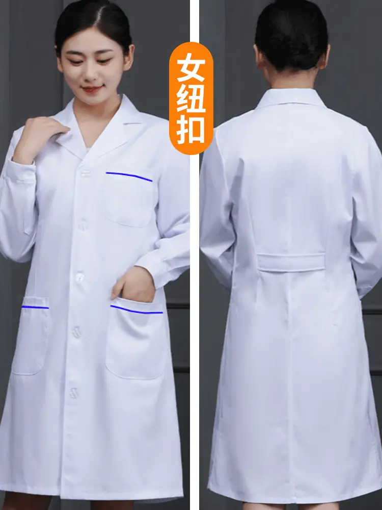 White Long-Sleeved Doctor's Coat with Blue Edges for Men Women