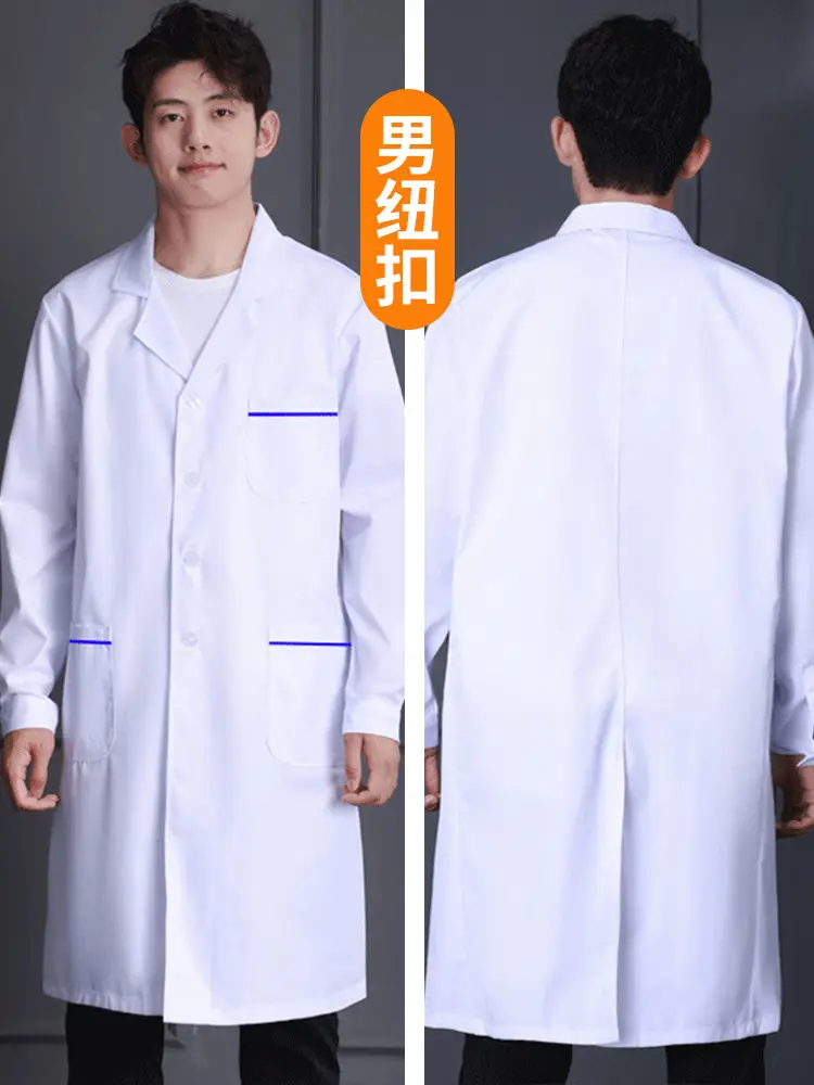White Long-Sleeved Doctor's Coat with Blue Edges for Men Women