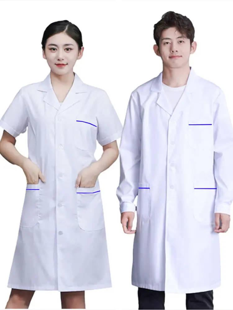 White Long-Sleeved Doctor's Coat with Blue Edges for Men Women