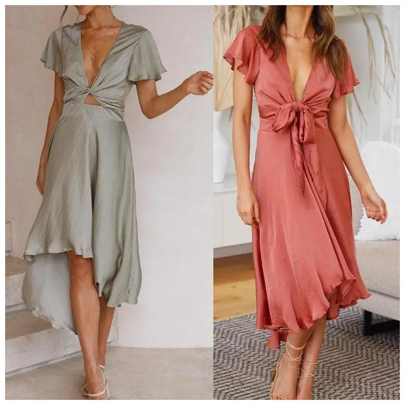 Women's Pink V-Neck Irregular Skirt Dress