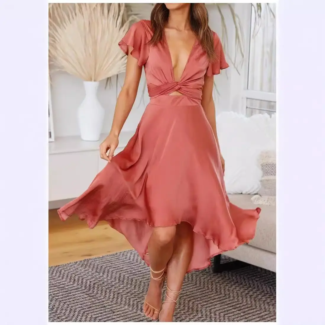 Women's Pink V-Neck Irregular Skirt Dress