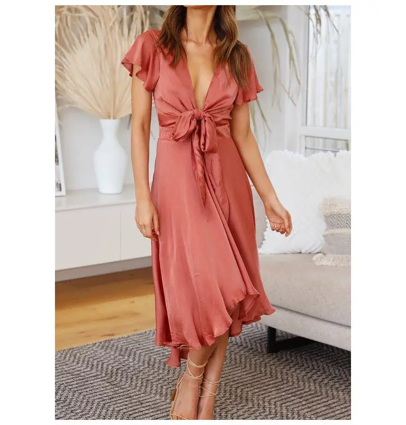Women's Pink V-Neck Irregular Skirt Dress — feature 3