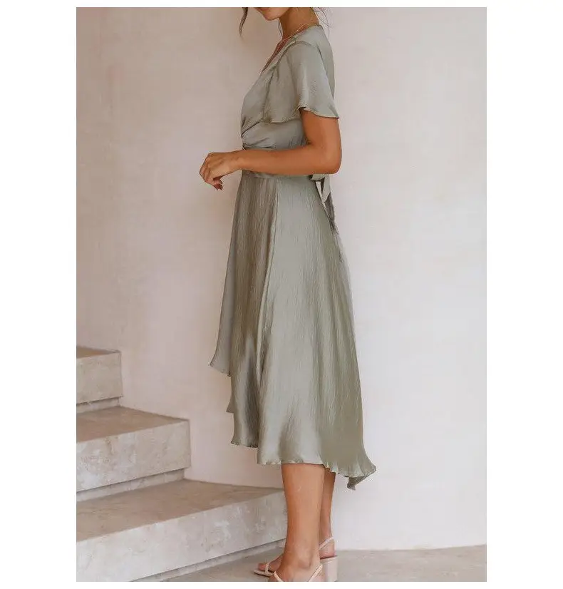 Women's Pink V-Neck Irregular Skirt Dress — feature 6