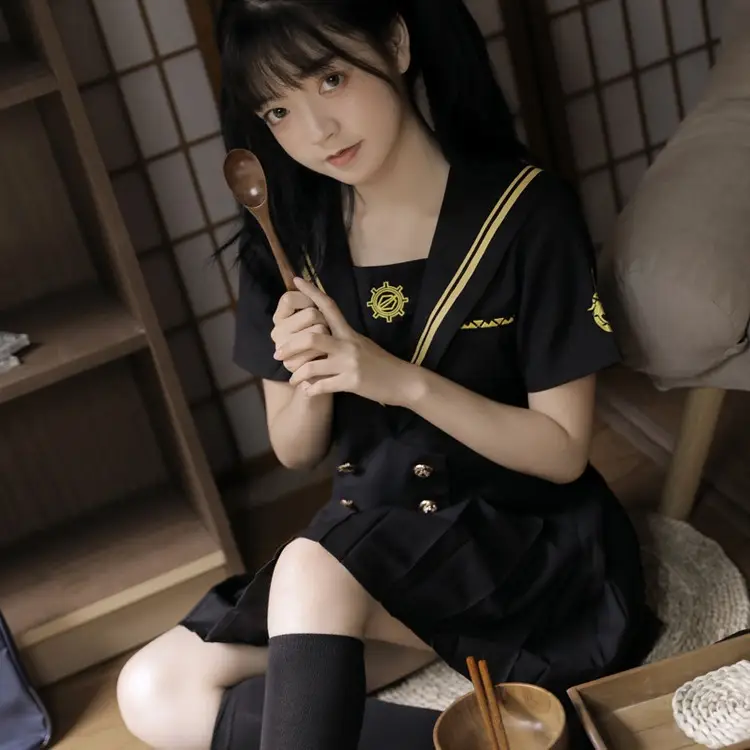 Black Pleated Sailor Suit Middle Suit for Girls - Image 11