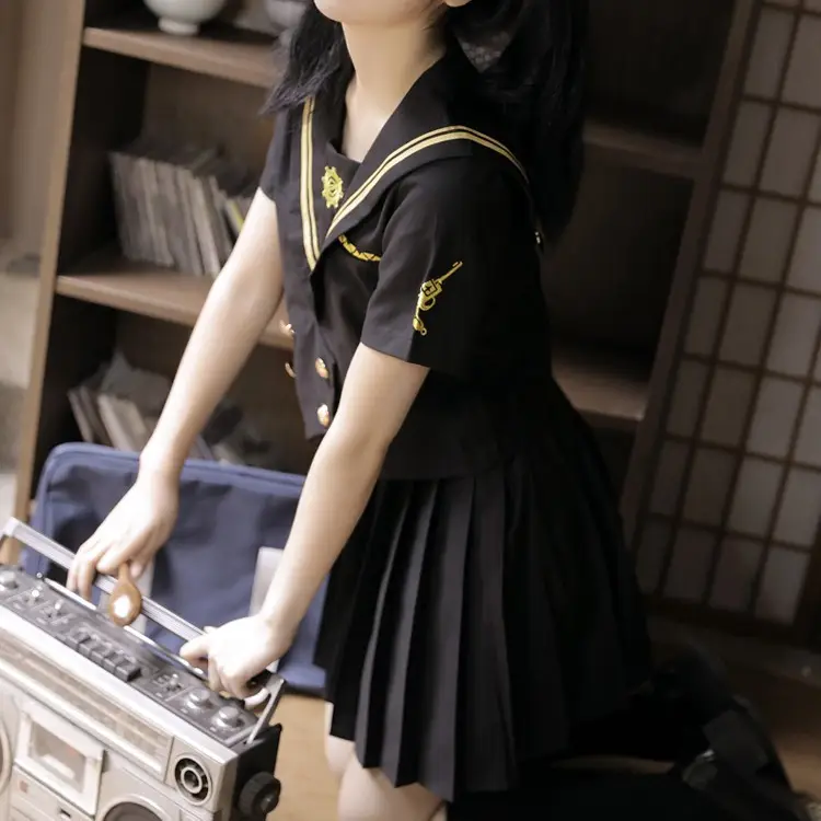 Black Pleated Sailor Suit Middle Suit for Girls - Image 13