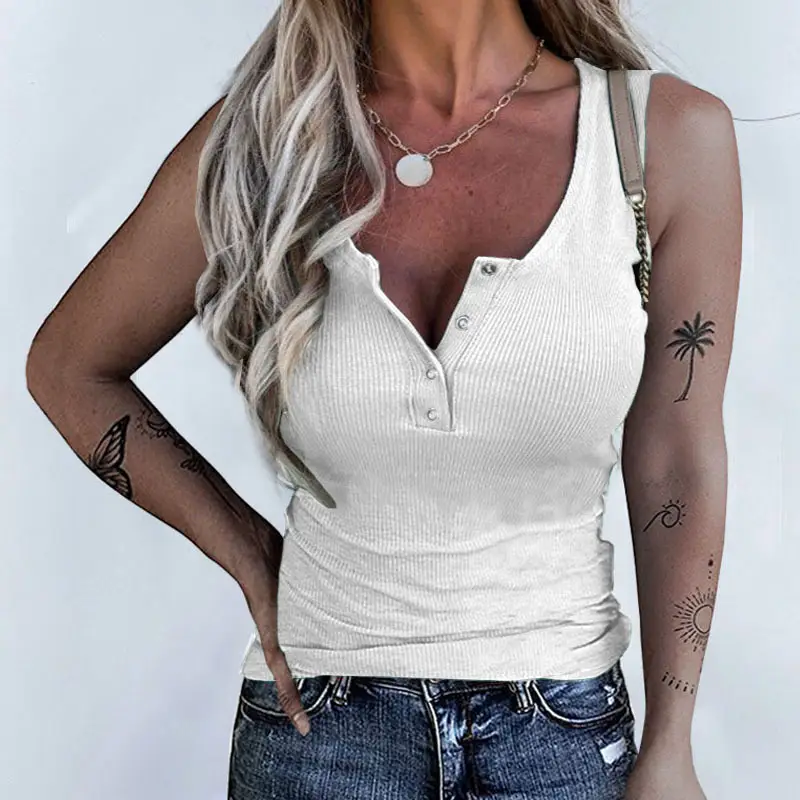 2022 Button Slim Vest Top for Women Blue - Image 9