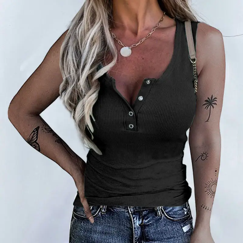 2022 Button Slim Vest Top for Women Blue - Image 10