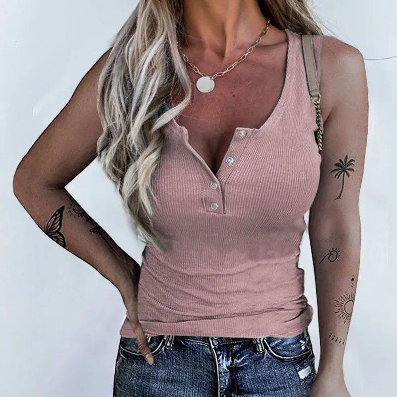 2022 Button Slim Vest Top for Women Blue - Image 2
