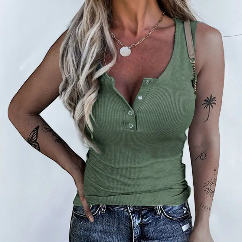 2022 Button Slim Vest Top for Women Blue - Image 5