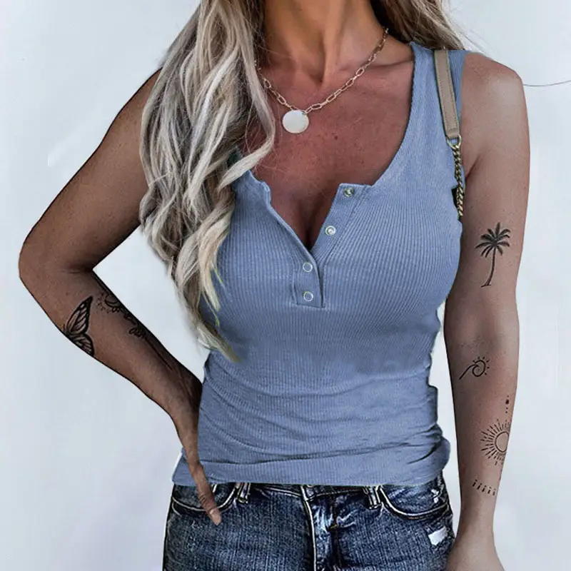 2022 Button Slim Vest Top for Women Blue - Image 6