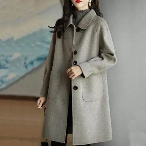 Women Woolen Coat Grey Medium Length Korean Style