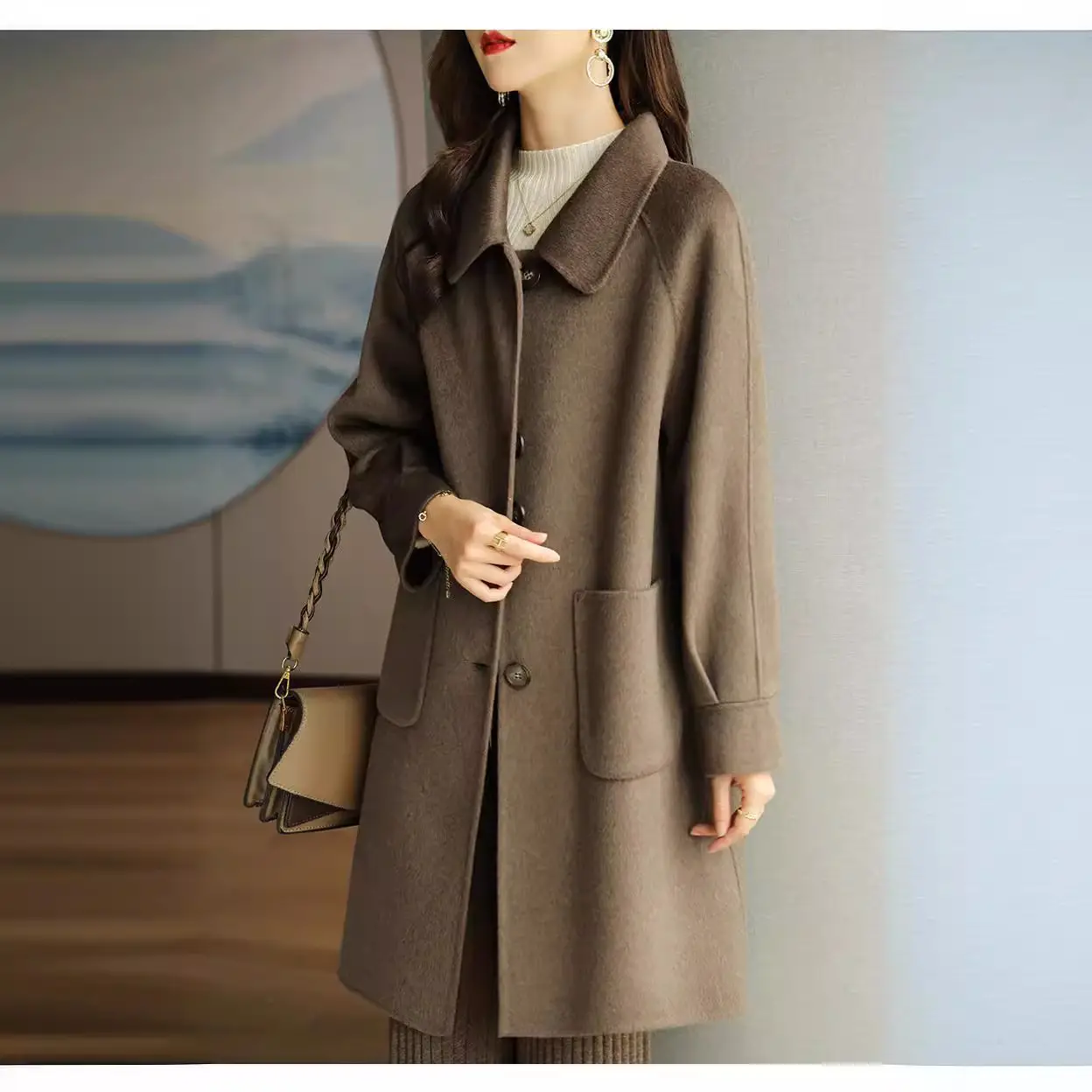 Women Woolen Coat Grey Medium Length Korean Style