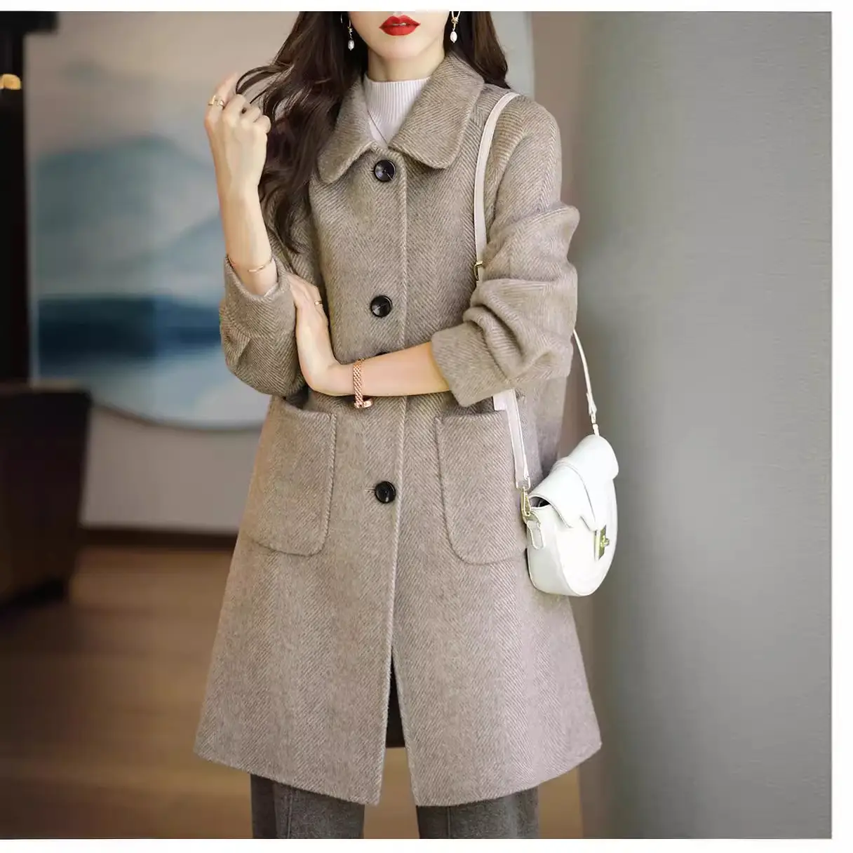 Women Woolen Coat Grey Medium Length Korean Style