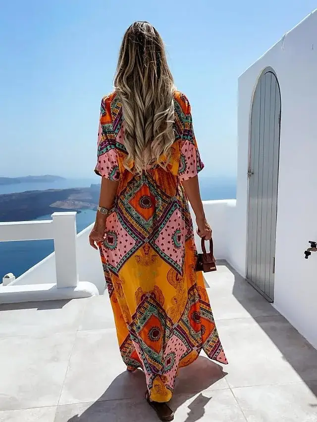 2021 Women's Printed Long Swing Dress Green Orange - Image 5
