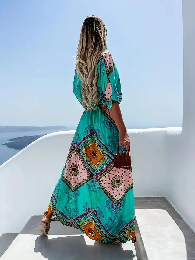 2021 Women's Printed Long Swing Dress Green Orange - Image 6