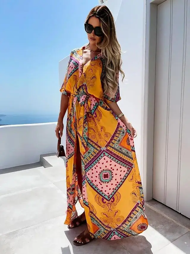 2021 Women's Printed Long Swing Dress Green Orange - Image 7
