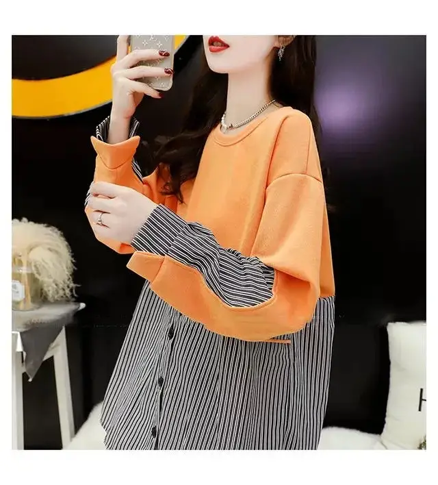 Korean Style Fake Two-Piece Sweatshirt Stripe Coat Women Loose Large — feature 10