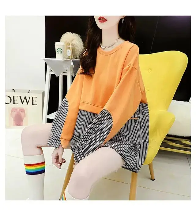 Korean Style Fake Two-Piece Sweatshirt Stripe Coat Women Loose Large — feature 11