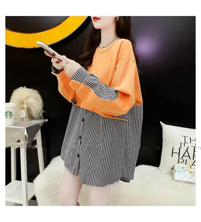 Korean Style Fake Two-Piece Sweatshirt Stripe Coat Women Loose Large — feature 12