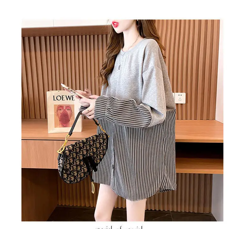 Korean Style Fake Two-Piece Sweatshirt Stripe Coat Women Loose Large — feature 14