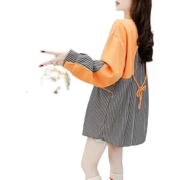 Korean Style Fake Two-Piece Sweatshirt Stripe Coat Women Loose Large — feature 15
